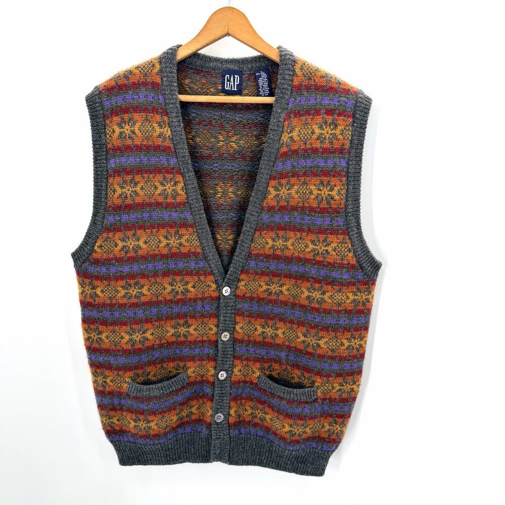 Vintage Gap 100% Wool Fair Isle Button Up Cardigan Sweater Vest Mens Large